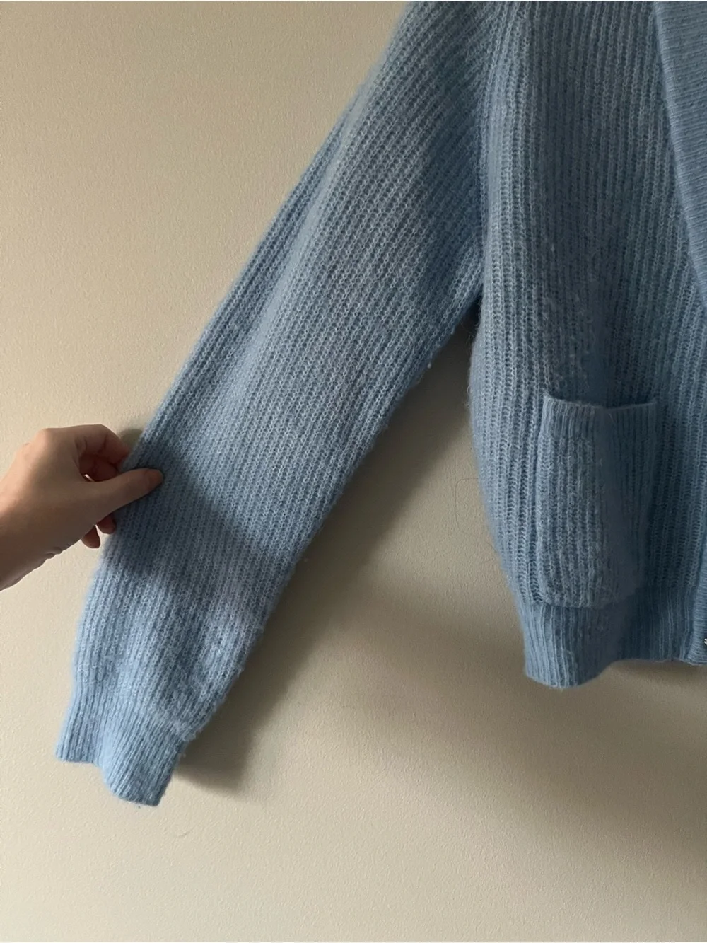 GANNI Soft Wool Alpaca Crystal Button Cropped Cardigan XS Blue